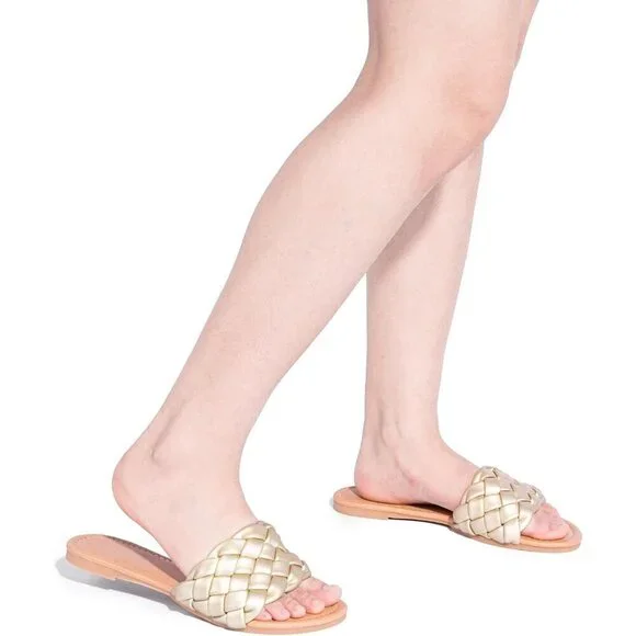 Women's Gold Braided Strap Round Open Toe Slip On Slides Slippers Flat Sandals - Picture 5 of 5